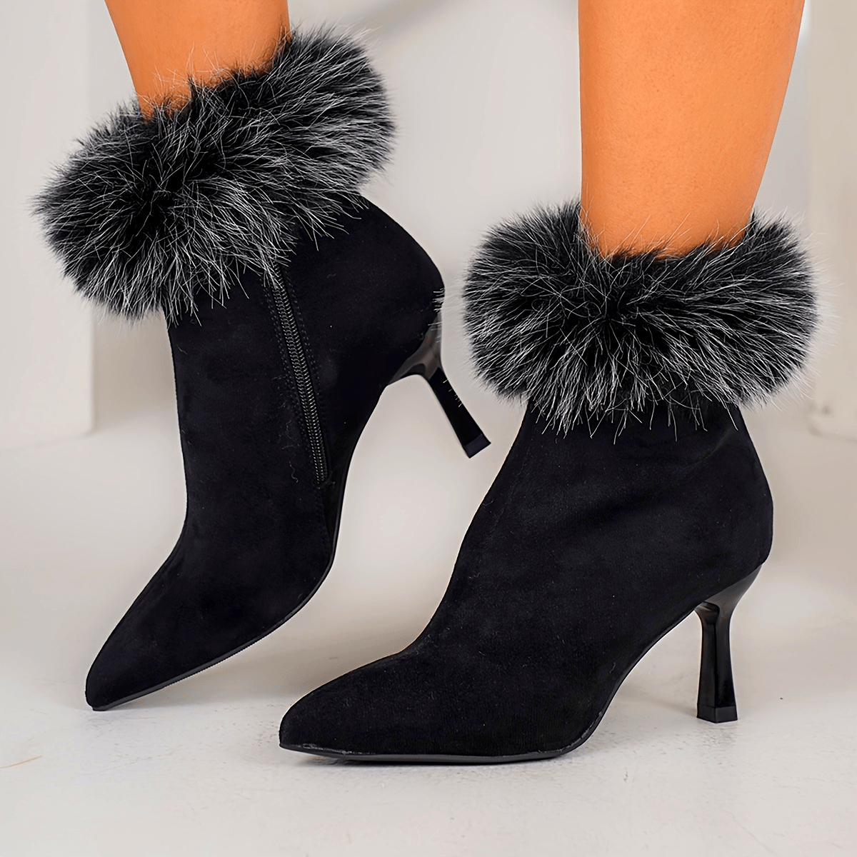 Warm & Comfortable Pointed Toe Stiletto Ankle Boots - Elegant Women's with Faux Fur Trim, Side Zipper for All Seasons